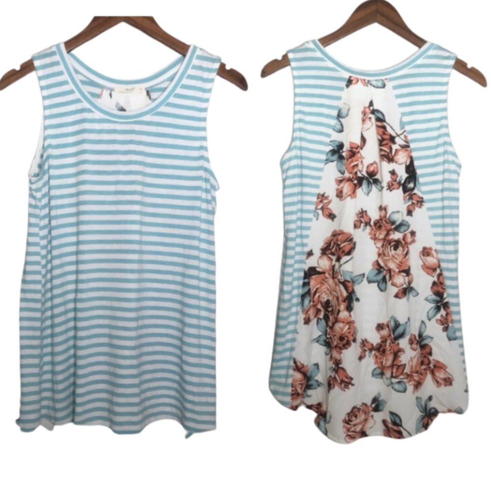 Le Lis Turquoise Striped Tank Top w/ Floral Back